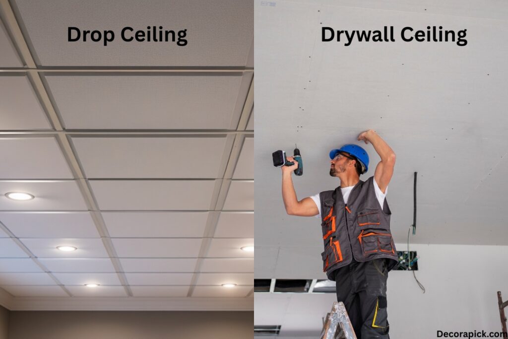 this image is showing a difference between drop ceiling vs drywall ceiling